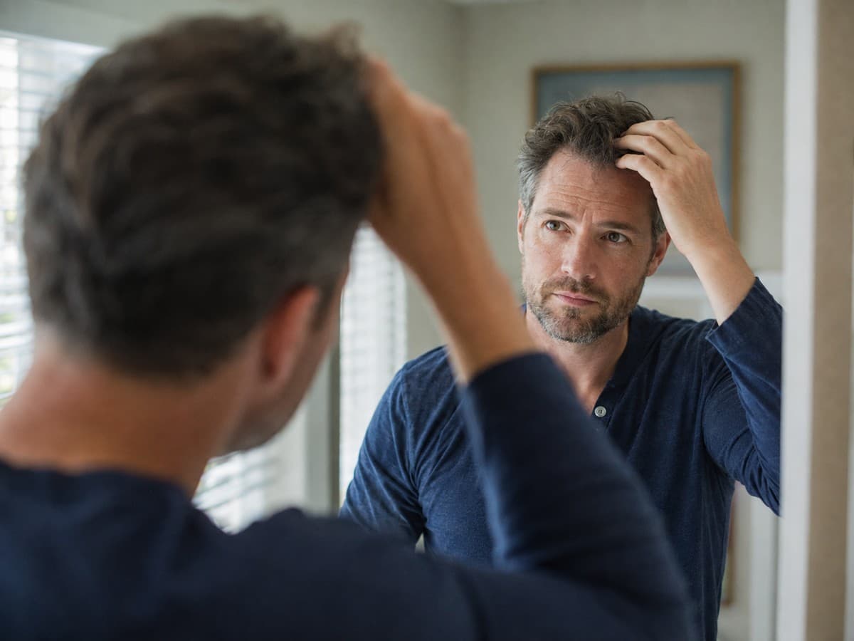 Man considering hair restoration treatment options